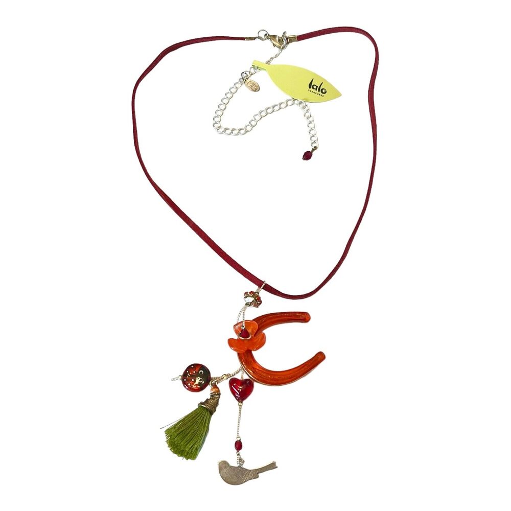Lalo Charm Necklace Acrylic Horseshoe Ladybug Silver Bird Red Leather 19-25" Vtg
